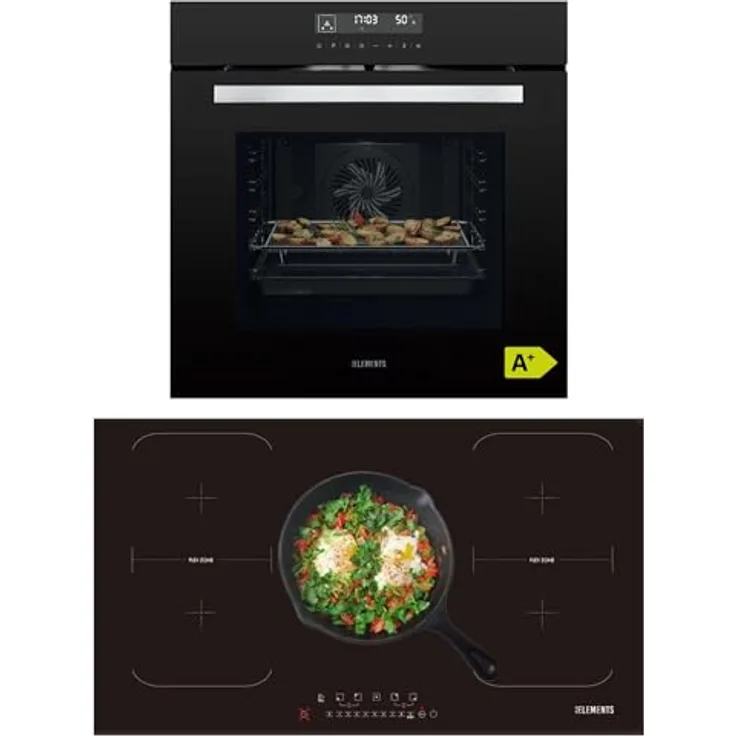 KB ELEMENTS Autarkes Herdset, 60cm Einbaubackofen mit Air Fry Funktion und 90cm Induktionskochfeld mit 2 Flexzonen, 14 Funktionen, energieeffizient und sichere Nutzung