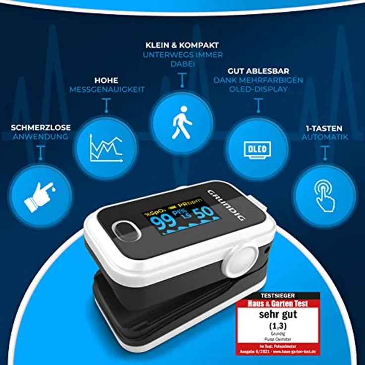 GRUNDIG Pulsoximeter Sauerstoffsättigung Oximeter - Hochpräzises Fingeroximeter Messgerät zur klinisch genauen Bestimmung der Sauerstoff Sättigung im Blut - Finger Messgerät mit Pulsmesser Test - Preisvergleich – Bild 2