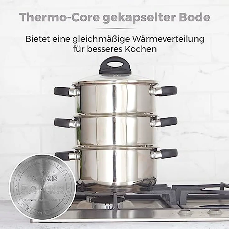 Tower T80836 Essentials Induktions-Dampfgarpfannen, 3 Etagen mit Glasdeckel, Silikongriffe, Edelstahl, Dampfgaren, Hochglanzpoliert, 18 cm, Silber – Bild 5