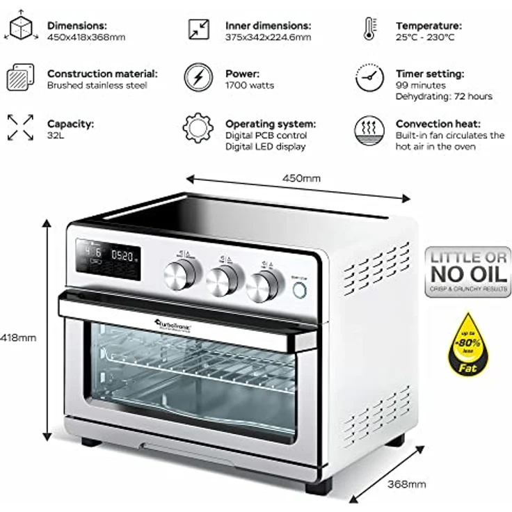 TurboTronic digitaler Heißluftofen - XXL 32 Liter mit Drehspieß für Hähnchen 5 in1 Mini Backofen, Dörrer & Power Heißluftfritteuse Airfryer ab 25°C – Bild 2