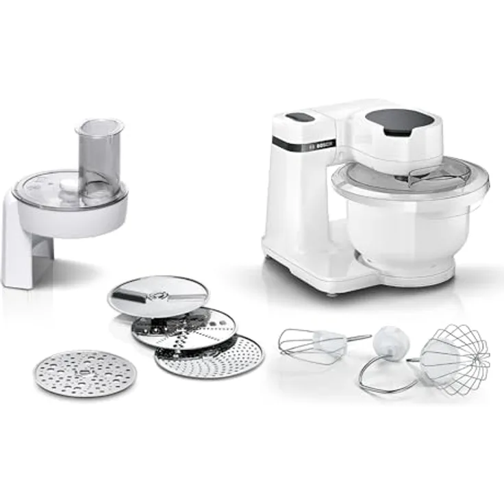 Bosch Küchenmaschine Serie 2 MUMS2AW01, 3,8l Kunststoff-Schüssel, Durchlaufschnitzler, 4 Scheiben, 4 Stufen, Knethaken/Rührbesen/Schlagbesen, spülm.fest, 700 W, weiß