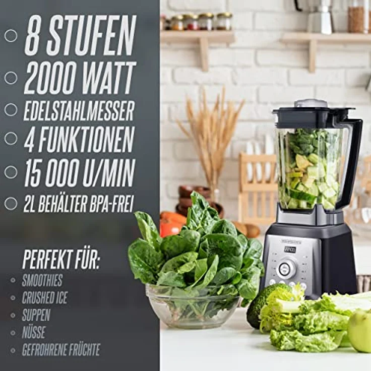 HEINRICHS Mixer, Standmixer, Hochleistungsmixer mit 32000 U/min und 2000W Motor + 4Programme, Blender-8 Edelstahlklingel, BPA-Frei, Smoothie Maker, 2L Behälter, Ice-Crush Funktion, Heinrich´s – Bild 2