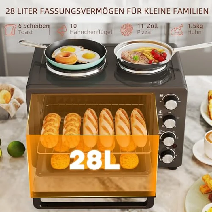 HOMCOM Minibackofen 28 L 2600W Mini Backofen mit 2 Warmhalteplatten, Timer, Pizzaofen Schwarz – Bild 4