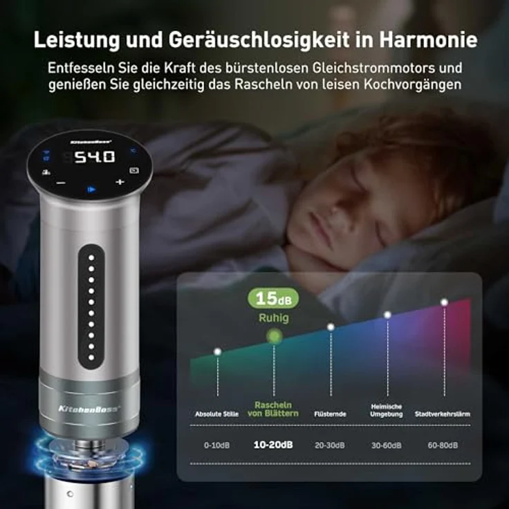 KitchenBoss Sous Vide Stick Garer, 1100W Präzisionskocher mit Wi-Fi App-Steuerung, IPX7 wasserdicht, LED Touch Display, ultra-leise Tauchzirkulator – Bild 5
