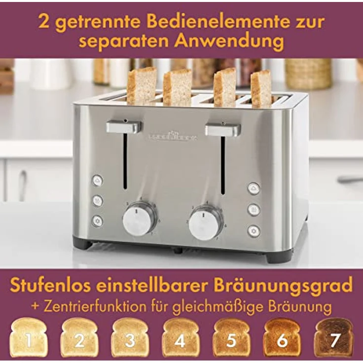 ProfiCook Toaster, Toaster 4 Scheiben, mit 2 getrennten Bedienelementen, Auftau-, Aufwärm-/ Schnellstoppfunktion, Toaster mit Brötchenaufsatz, Toaster Edelstahl, PC-TA 1252 – Bild 3