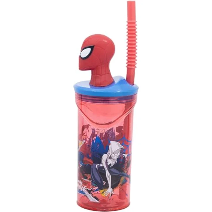 Spiderman 3D Trinkflasche Becher, 360 ml mit Strohhalm und Figurdeckel für Kinder – Bild 2
