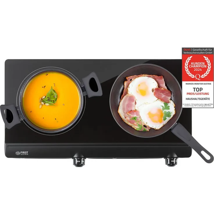 TZS FIRST AUSTRIA Doppelkochplatte Infrarot Kochplatte, 2500W, Glaskeramik, stufenlose Temperaturregelung, Schwarz