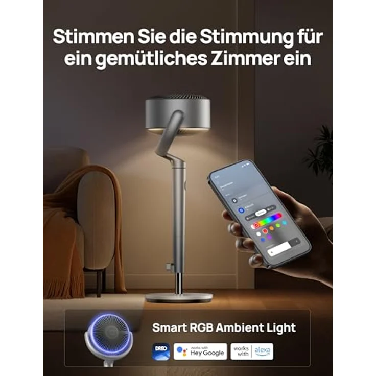 Dreo Smart Standventilator mit RGB Light, 120° +120° Oszillierend, 9 Geschwindigkeiten, 20dB Leiser Motor, Fernbedienung, 8H Timer, Silber – Bild 3