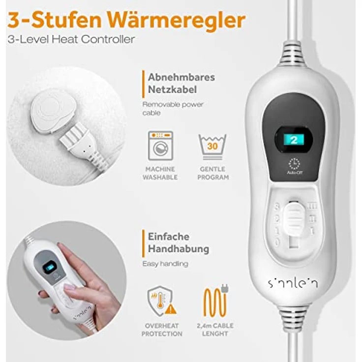 sinnlein Doppel-Wärmeunterbett 160x140cm mit Abschaltautomatik und 2 Temperaturzonen | Heizdecke mit 3 Temperaturstufen | Wärmebettunterlage fürs Bett | Wärmedecke aus weichem Vlies – Bild 3