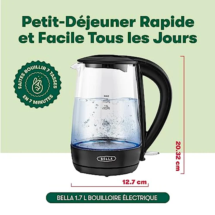 BELLA 1.7 Liter Glass Electric Kettle, Quickly Boil 7 Cups of Water in 6-7 Minutes, Soft Blue LED Lights Illuminate While Boiling, Cordless Portable Water Heater, Carefree Auto Shut-Off, Black – Bild 2