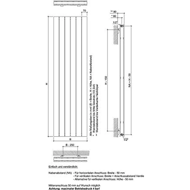 Ximax Raumheizkörper P1 Duplex, eleganter Designheizkörper, B x H: 59,5 x 180 cm, Wärmeleistung 1.576 W, Weiß – Bild 4