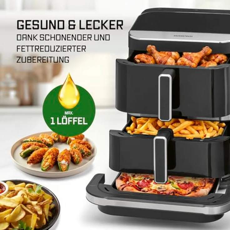 GOURMETmaxx Heißluft-Fritteuse FryUp3, 2800W, schwarz, vertikal, Doppelkorb 4l + 6l, Pizzafach, 12 Programme, 13,4l Volumen – Bild 8
