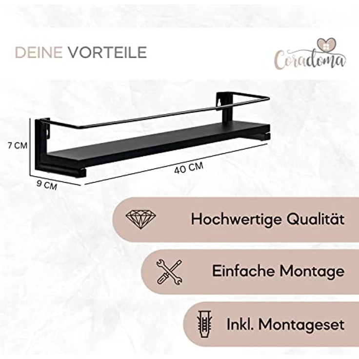Coradoma Gewürzregal Schwarz 2er Set für Gewürzgläser | Küchen Organizer zur Gewürzaufbewahrung 40x9cm | Küchenregal Spice Rack Aufbewahrung | Hängeregal Kitchen Gewürzständer Küchenschrank – Bild 2