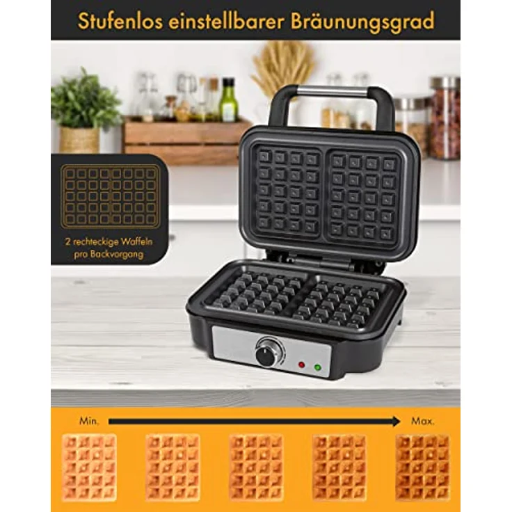 ProfiCook Waffeleisen für belgische Waffeln mit 2 Backflächen, Waffeleisen belgische Waffel 1000 Watt antihaftbeschichtet Edelstahl, stufenlos wählbarer Bräunungsgrad, PC-WA 1240 – Bild 3