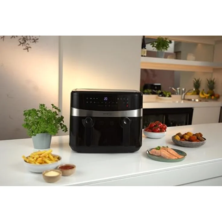 Emerio AF-126672 Heißluftfritteuse, Doppel, Frittieren ohne Fett, 2 x 4,5 Liter, 12 Kochprogramme, 2400 Watt, LED-Display, schwarz – Bild 6