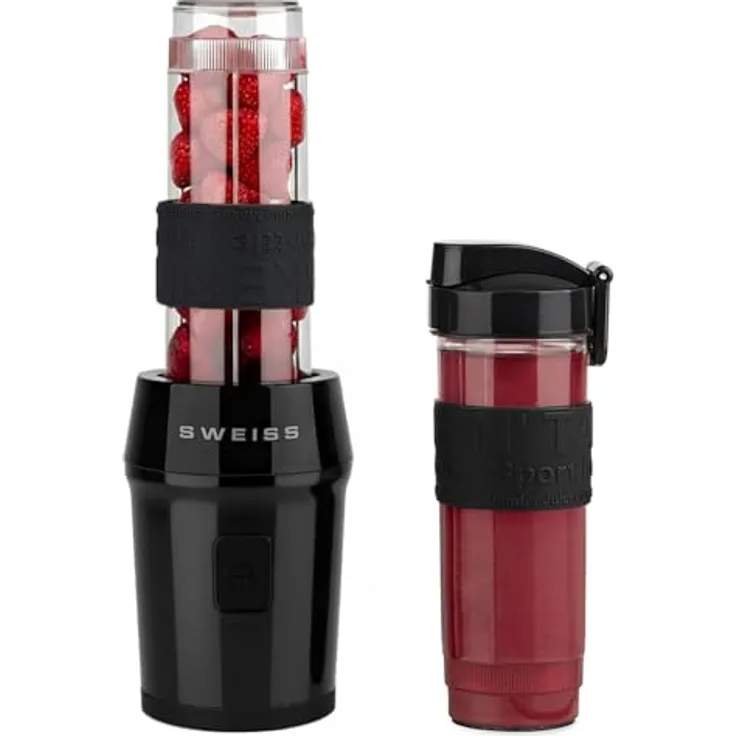 SWEISS Mini-Blender MOOV9, tragbarer Mixer mit 300 W, 2 Trinkflaschen à 570 ml, 4 Edelstahlklingen, spülmaschinengeeignet, Schwarz