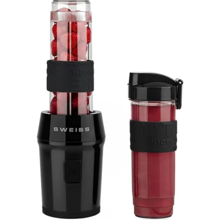 SWEISS Mini-Blender MOOV9, tragbarer Mixer mit 300 W, 2 Trinkflaschen à 570 ml, 4 Edelstahlklingen, spülmaschinengeeignet, Schwarz – Bild 1