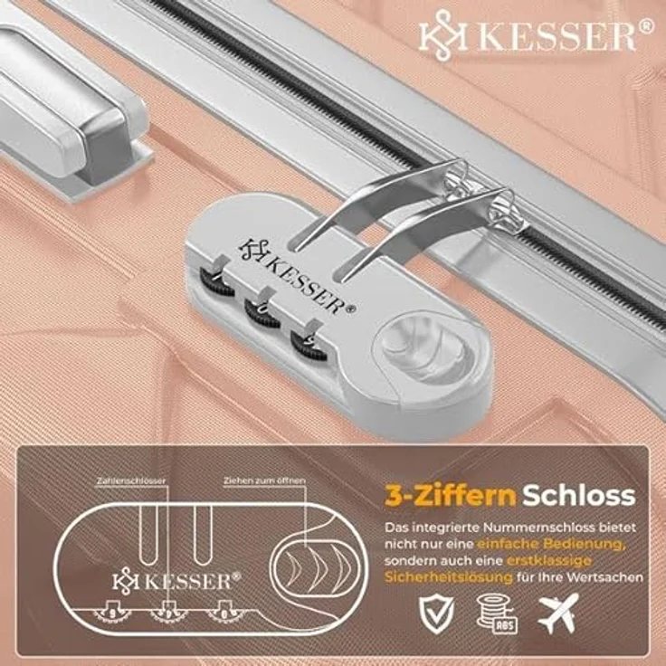 KESSER® Reisekoffer Set 4-teilig, ABS Hartschalenkoffer mit Zahlenschloss, Kofferwaage & Reisebrieftasche, 360° Rollen, Handgepäck & große Koffer in Nude Grey – Bild 3
