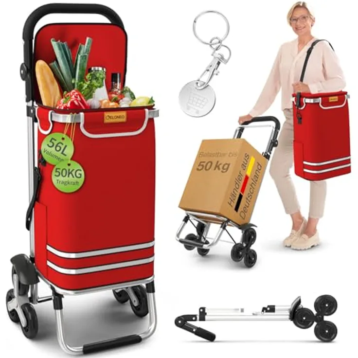 ELONEO Einkaufstrolley Treppensteiger mit Kühlfach, 56 L, klappbar, höhenverstellbar, Rot, mit Reflektoren und abnehmbarer Tasche