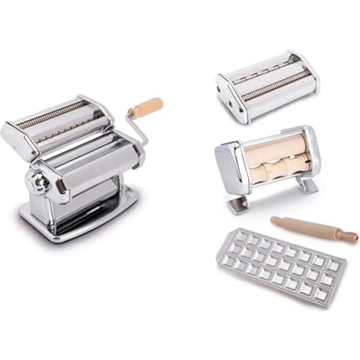 Imperia La Fabbrica Della Pasta Classica, Pastamaschine aus verchromtem Stahl, 9-teilig, Silber/Braun mit verschiedenen Aufsätzen für frische Nudelgerichte