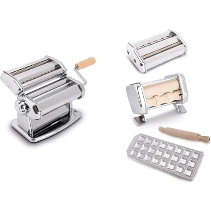 Imperia La Fabbrica Della Pasta Classica, Pastamaschine aus verchromtem Stahl, 9-teilig, Silber/Braun mit verschiedenen Aufsätzen für frische Nudelgerichte – Bild 1