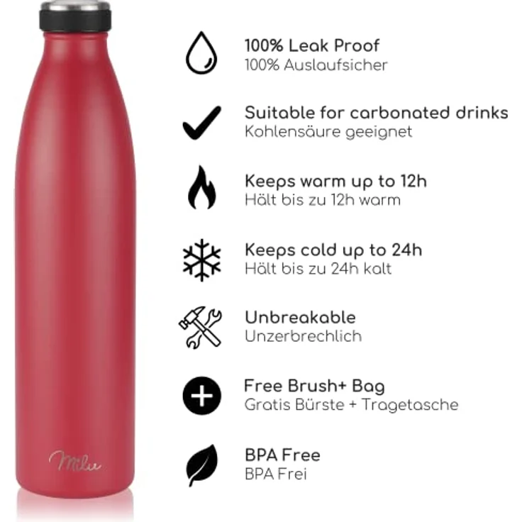 Milu Edelstahl Trinkflasche 350ml 500ml 750ml 1L, 1,5L Thermosflasche, Isolierte Wasserflasche, Auslaufsichere Isolierflasche doppelwandig, Kohlensäure geeignet – inkl. Reinigungsbürste (Rot,750ml) – Bild 2