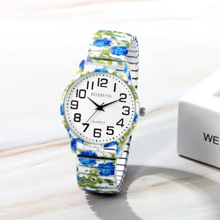 JewelryWe Boho Damen Analog Quarz Armbanduhr, Blau Blumen Floral Druck, Elastisches Edelstahl Stretch-Armband, Große Zahlen, Verstellbar – Bild 4