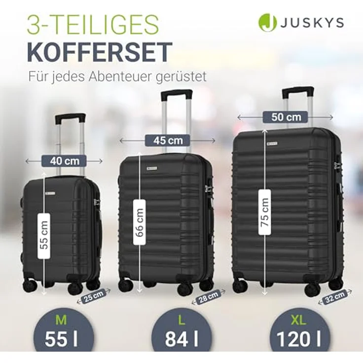 Juskys Hartschale Kofferset 3-teilig, Reisekoffer mit Zahlenschloss, geräuscharmen 360° Rollen, Teleskopgriff, leicht, Schwarz – Bild 4