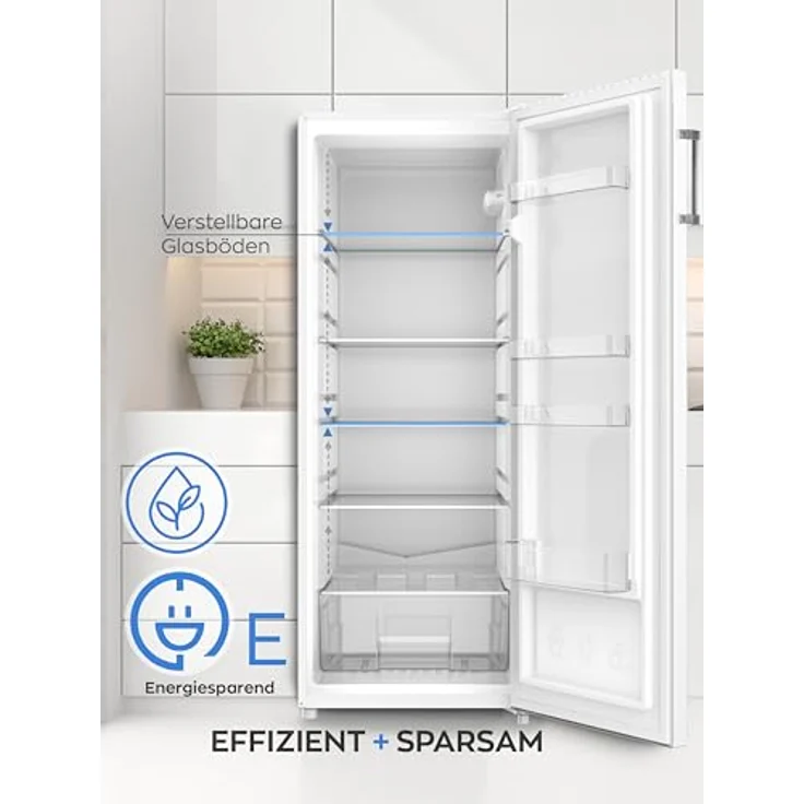 Heinrich´s HVK 3196, freistehender Vollraumkühlschrank 241L mit LED-Beleuchtung, 5 Glasablagen, Gemüsefach, 4 Türablagen, wechselbarem Türanschlag, leise 39dB, Weiß – Bild 2