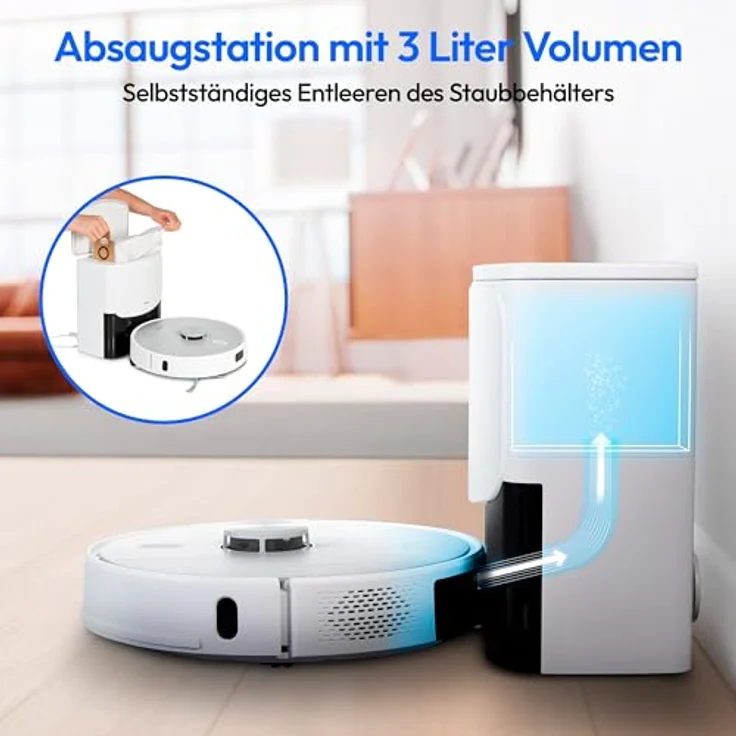 Medion® Saugroboter X42 SW+ mit Absaugstation, 8.000 Pa Saugleistung, 240min Laufzeit, 28,8 W, Nass- und Trocken Saugroboter, Teppicherkennung, Lasernavigation – Bild 3