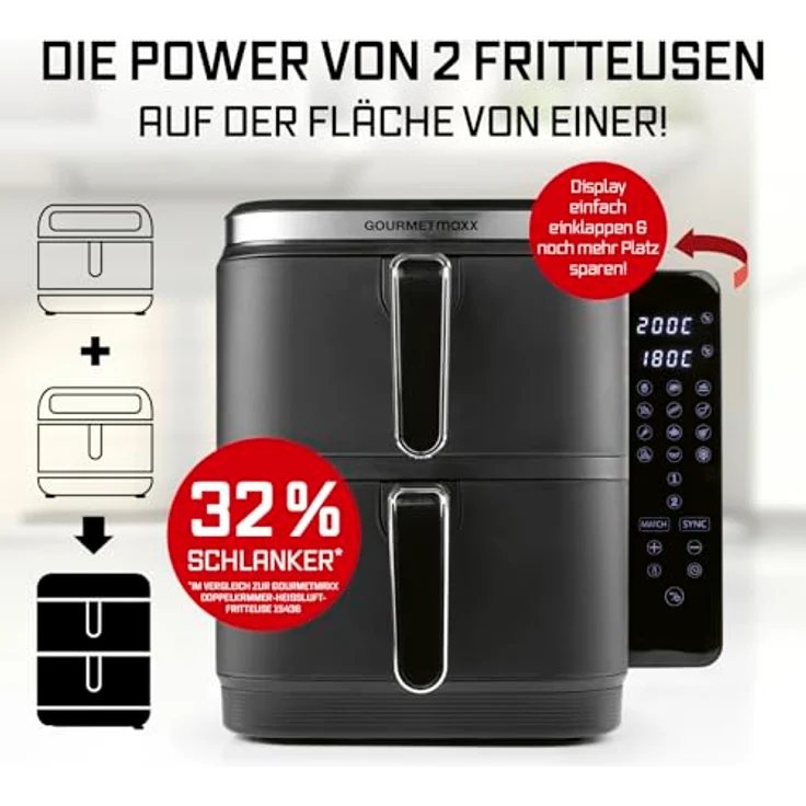GOURMETmaxx FryUp Vertikale Doppelkammer Heißluftfritteuse | 10L Fassungsvermögen | 2 Kammern | klappbares Touchdisplay | 32% platzsparender – Bild 2