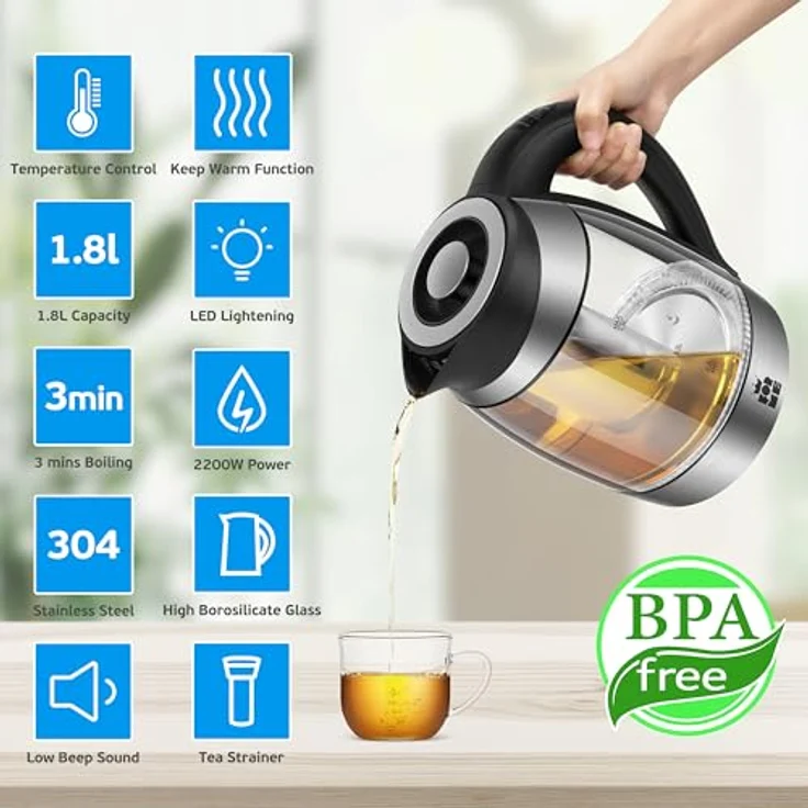 FOR ME Glas Elektrischer Wasserkocher mit Teesieb 1,8L, Temperaturwahl 40-100°C, LED-Beleuchtung in 5 Farben, Warmhaltefunktion, BPA-frei – Bild 5