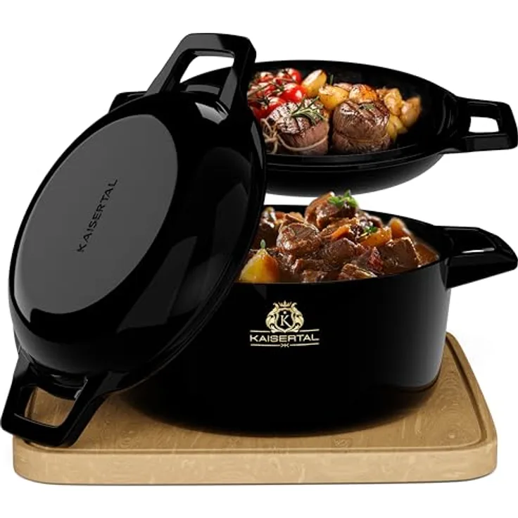 KAISERTAL Gusseisen Topf - 26cm Emaillierter Schmortopf mit Deckel 4,8L & Gusspfanne 1,8L – Gusseisen Bräter mit Deckel induktion - Cast Iron Pot Backofengeeignet - Braten & Schmoren, schwarz