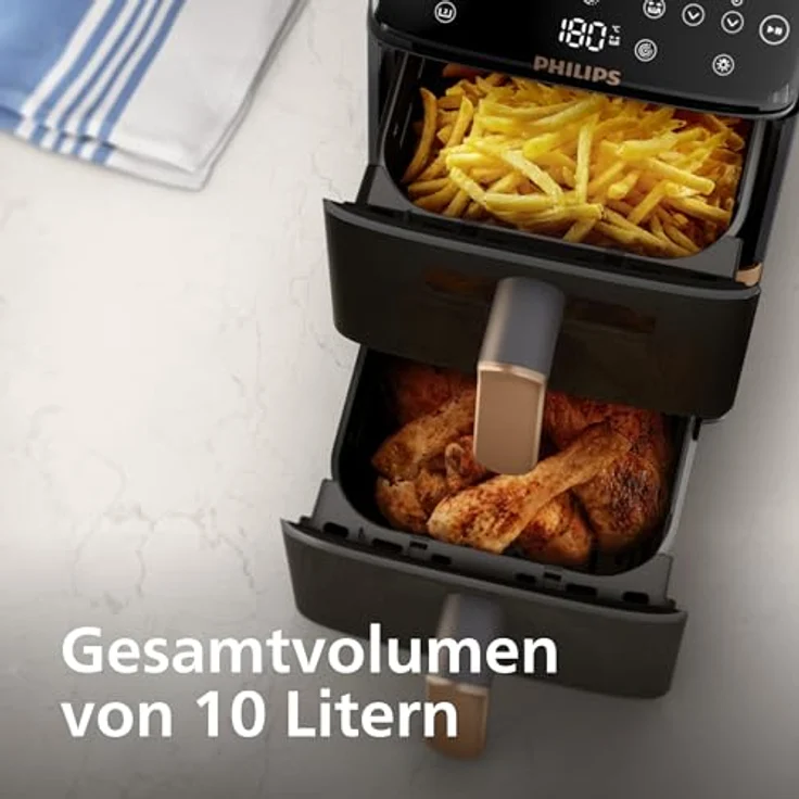Philips Heißluftfritteuse NA462/80 4000 Series, 10L Stacked Dual Basket, 2750 W, RapidAir Technologie, Schwarz/Dunkelgrau, kupfer Griff – Bild 4