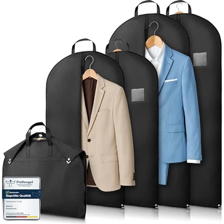 Bruce.® 4x Kleidersack Kurz - 2x 100x60 cm & 2x 120x60 cm – Atmungsaktive Anzugtasche aus robustem Vliesstoff – 120 GSM Materialstärke – Schutz vor Staub, Regen und Motten – Schwarz – Bild 1