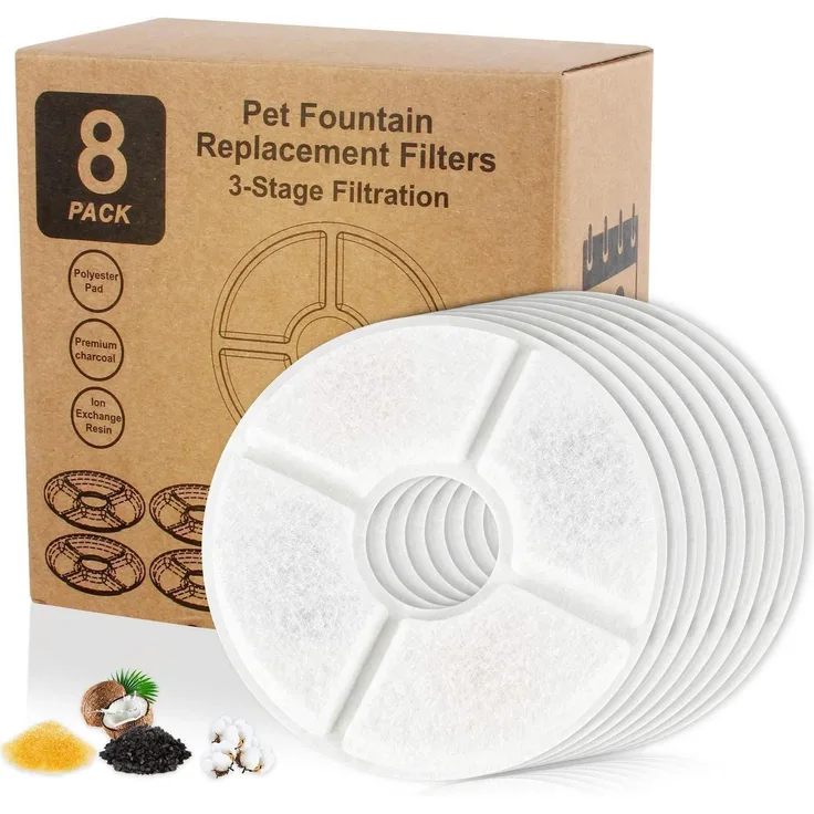 Wilktop Ersatzfilter für Trinkbrunnen Katze & Hund, Aktivkohle, 8 Stück, Weiß, Dreifachfilter Technologie, Kompatibel mit 1.6L-2.4L Trinkbrunnen