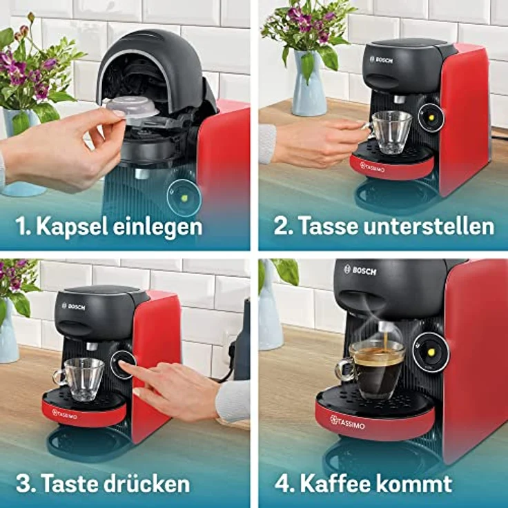 Tassimo Finesse Kapselmaschine TAS16B3 Kaffeemaschine by Bosch, 70 Getränke, intensiverer Kaffee auf Kopfdruck, Abschaltautomatik, perfekt dosiert, platzsparend, 1400 W, 0,7l, rot/schwarz – Bild 4