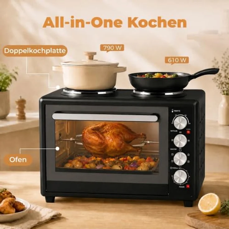 HOMCOM Minibackofen mit Umluft und 2 Kochplatten, 36L, 90-230℃, 60-Min.-Timer, Schwarz – Bild 4