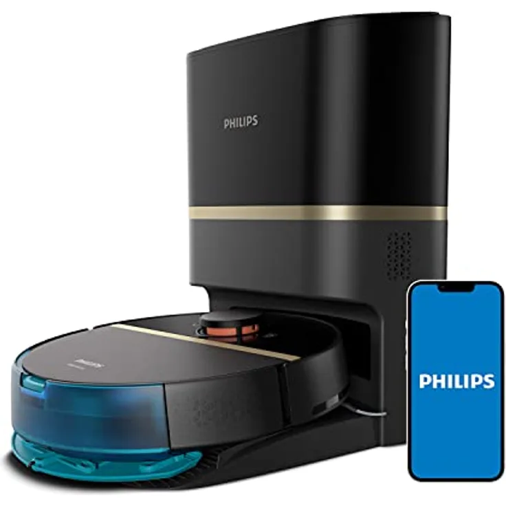 Philips XU7100/01 HomeRun Serie 7000 Saug-Wischroboter, ultrastarke Saugleistung (5.000 Pa), Erkennung kleiner Hindernisse, Absaugstation, schwarz, Saugroboter, App