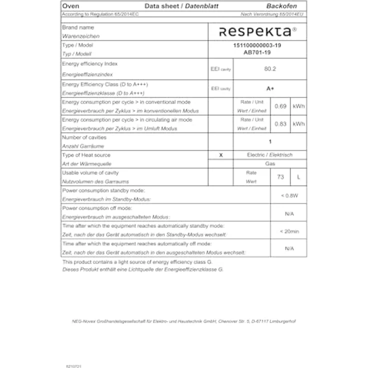 Respekta AB701-19, Einbaubackofen autark mit 10 Beheizungsarten, 73 Liter Volumen, LED Timer, Touch Control, versenkbare Knebel, A+, in Schwarz – Bild 5