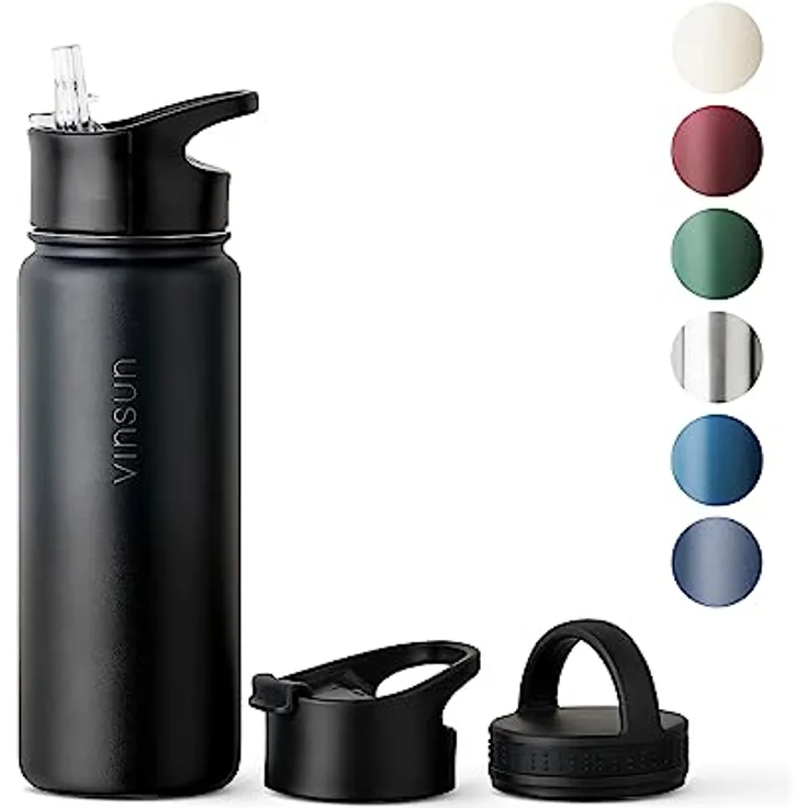 VINSUN Trinkflasche Edelstahl 500ml schwarz - auslaufsicher, Kohlensäure geeignet, BPA frei - 3 Deckel - Thermosflasche Sport, Outdoor, Schule, Uni, Fahrrad, Büro, Wandern