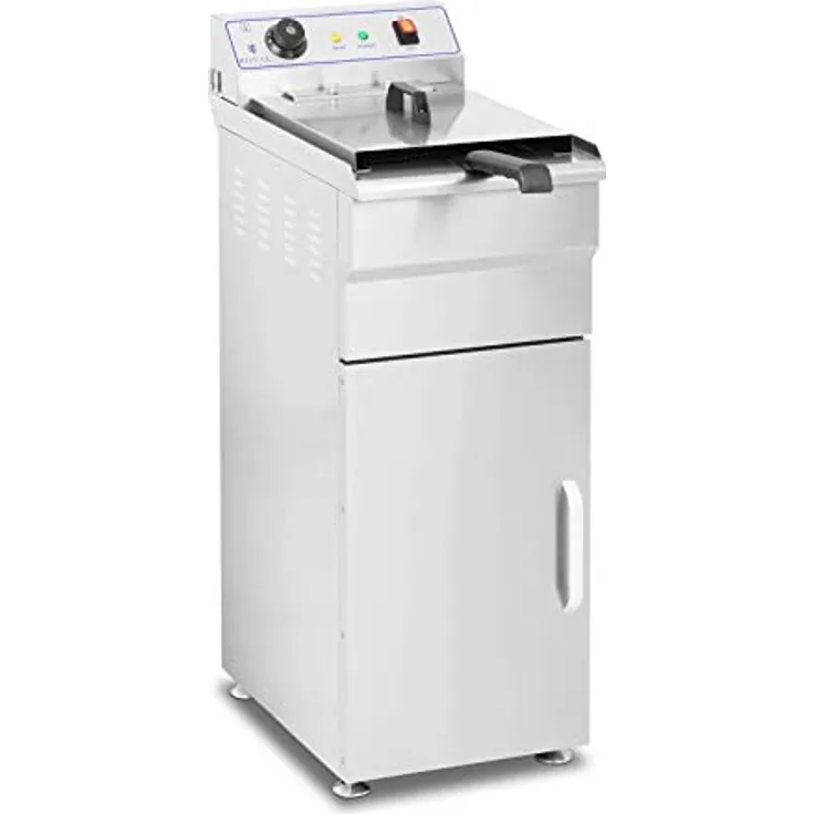 Royal Catering Friteuse Fritteuse mit Unterschrank (16 L, 6000 W, 400 V, 60–200 °C, 34 x 53 x 94 cm, Edelstahl, inkl. Korb und Deckel)