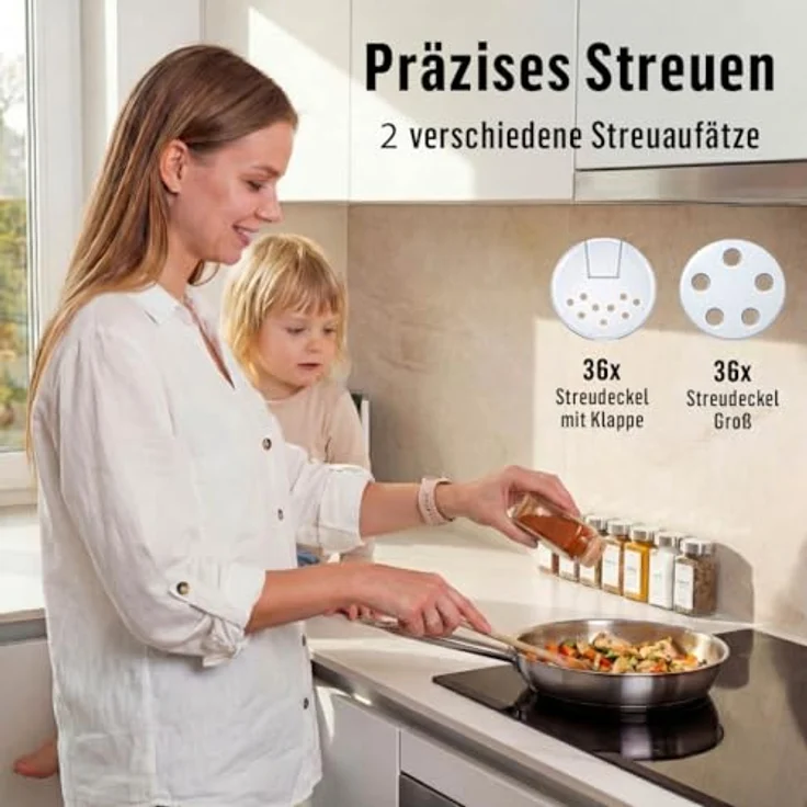 Deco haus® Gewürzgläser eckig, 36er Set aus Glas mit luftdichtem Edelstahlverschluss, inkl. Etiketten & Streueinsatz, lebensmittelecht, vielseitig einsetzbar – Bild 5