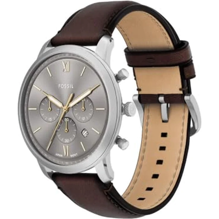 FOSSIL Herren Analog Quarz Uhr FS6129, 44mm Gehäuse, graues Zifferblatt, braunes Lederarmband, wasserdicht bis 50m – Bild 3