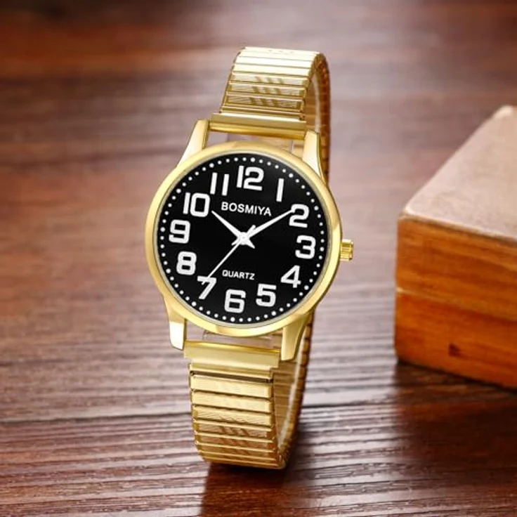 JewelryWe Herrenuhr mit elastischem Zugarmband, goldene Analog Quarz Armbanduhr mit schwarzem Zifferblatt und großen Zahlen, Edelstahl Stretch Armband für Senioren – Bild 5