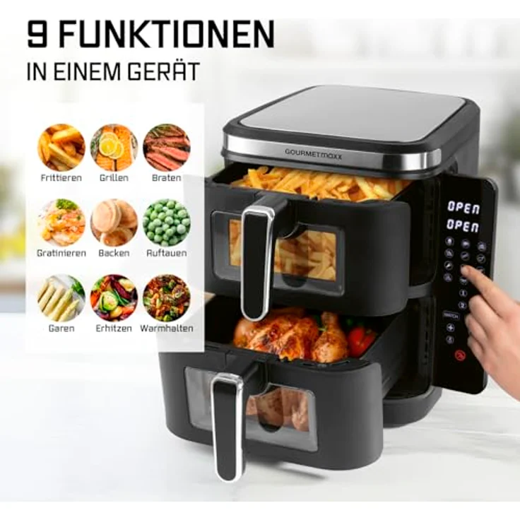 GOURMETmaxx FryUp Vertikale Doppelkammer Heißluftfritteuse XXL, 10 L, mit Sichtfenstern, Klapp-Touchdisplay und 12 Programmen für knusprige Zubereitung – Bild 5