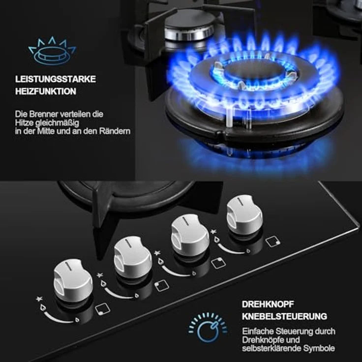 TopStrong Gaskochfeld 4 Flammig, 8060W mit Thermoelementschutz, Einbau 60cm, Schwarz, NG/LPG umgerüstet – Bild 3