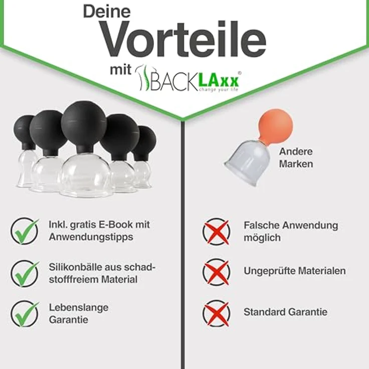 BACKLAxx® Massagegerät Schröpfgläser, 5-teilig 7-tlg., 5x Glocken, 1x Faszienschaber, 1x Mikrofasertuch, medizinisches Glas – Bild 6