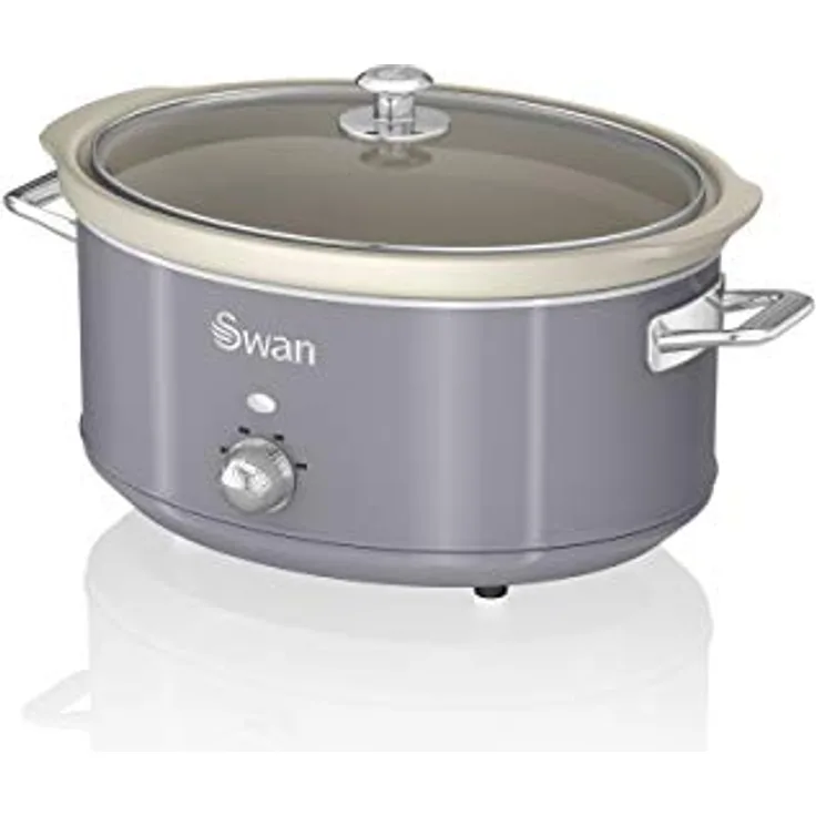 Swan Retro SF17031GRN Slow Cooker 6,5L Abnehmbarer Kochbehälter, PFOA- und PTFE-freier Keramischer Antihaft-Behälter, 3 Temperaturstufen, Glasdeckel, Vintage-Design, Grau, 320W