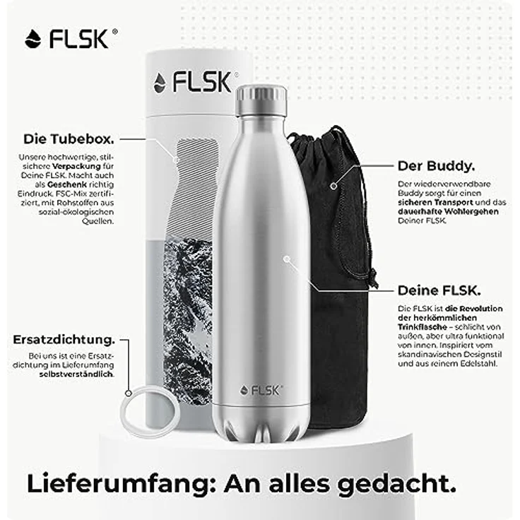 FLSK das Original Trinkflasche Thermoflasche Isolierflasche hält 18h heiß - 24h kalt (Farbe Stainless, Grösse 1000ml) – Bild 7